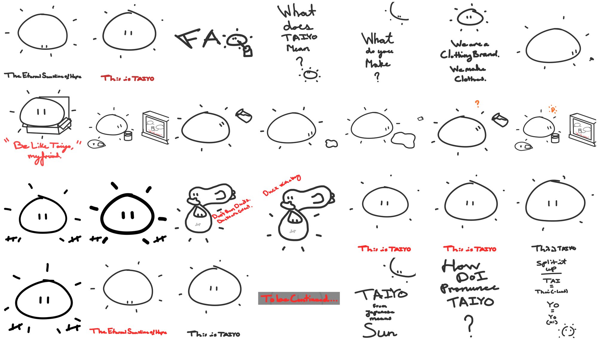 Hand-drawn Taiyo storyboard frames tiled together